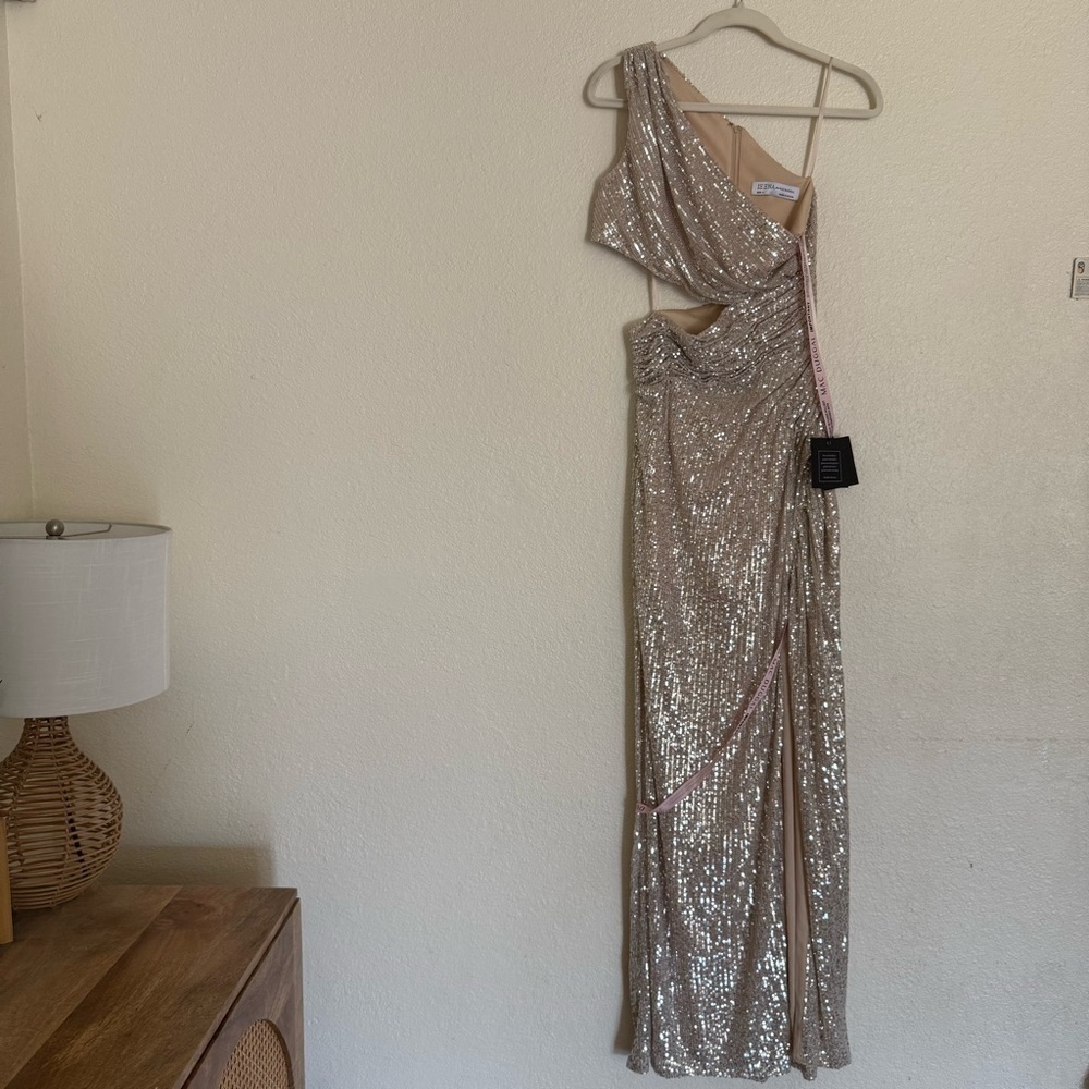 MAC DUGGAL Dress Size 4 Evening Gown Sequin NEW Cream One Shoulder Cut Out - Picture 4 of 12